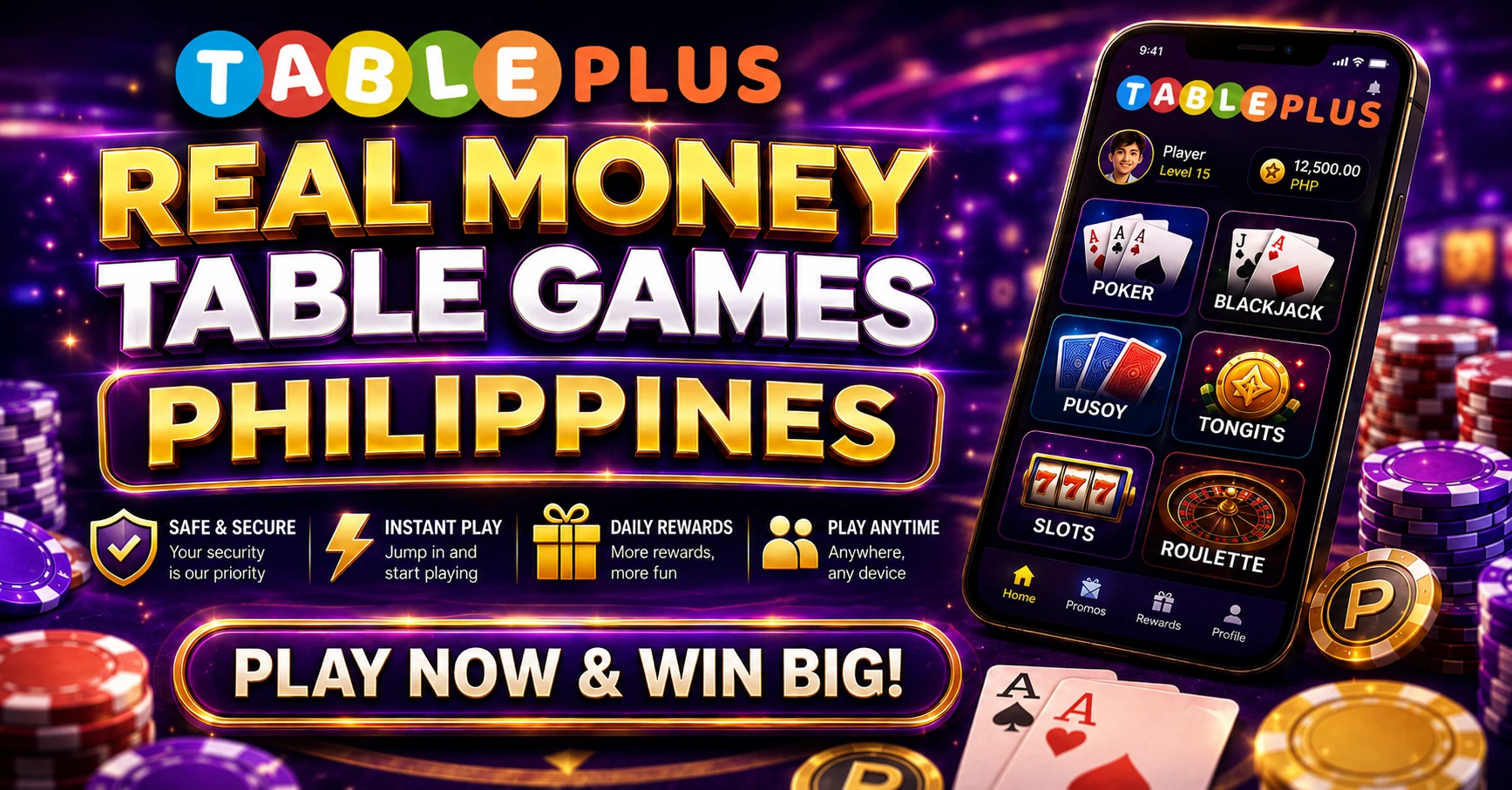 Mobile smartphone screen showing a real-money table game app interface with Baccarat cards, Roulette wheel, and GCash payment integration