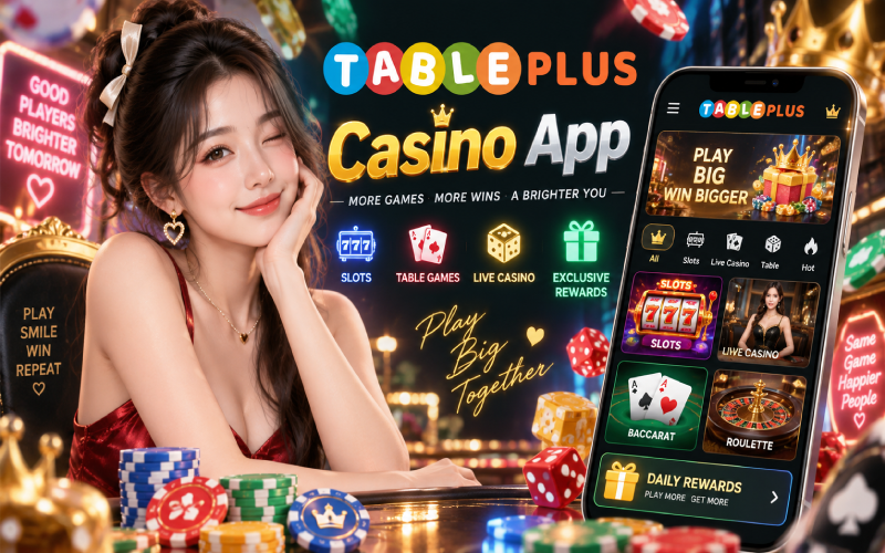 TablePlus Casino App promotional artwork showing slots, table games and live casino categories