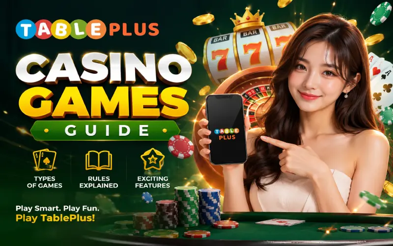 TablePlus casino games guide showing game types, rules and features