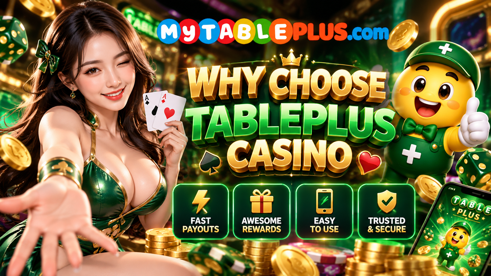 Why Choose TablePlus Casino promotional banner highlighting payouts, rewards and mobile access