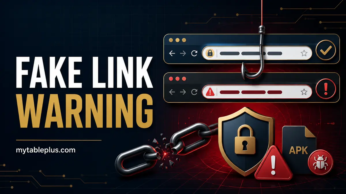 Table Plus fake link warning with phishing domain comparison