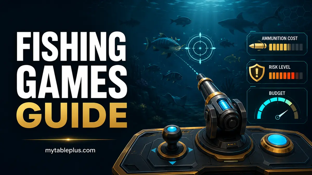 Arcade fishing game controls and cost-per-shot guide
